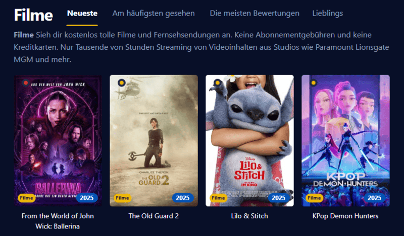 Bildschirmfoto der Filmpalast-Oberfläche mit verschiedenen Filmtiteln und Serienepisoden
